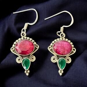 VTG Artisan Crafted Ruby Emerald Sterling Silver Dangle Earrings  Stamped 925